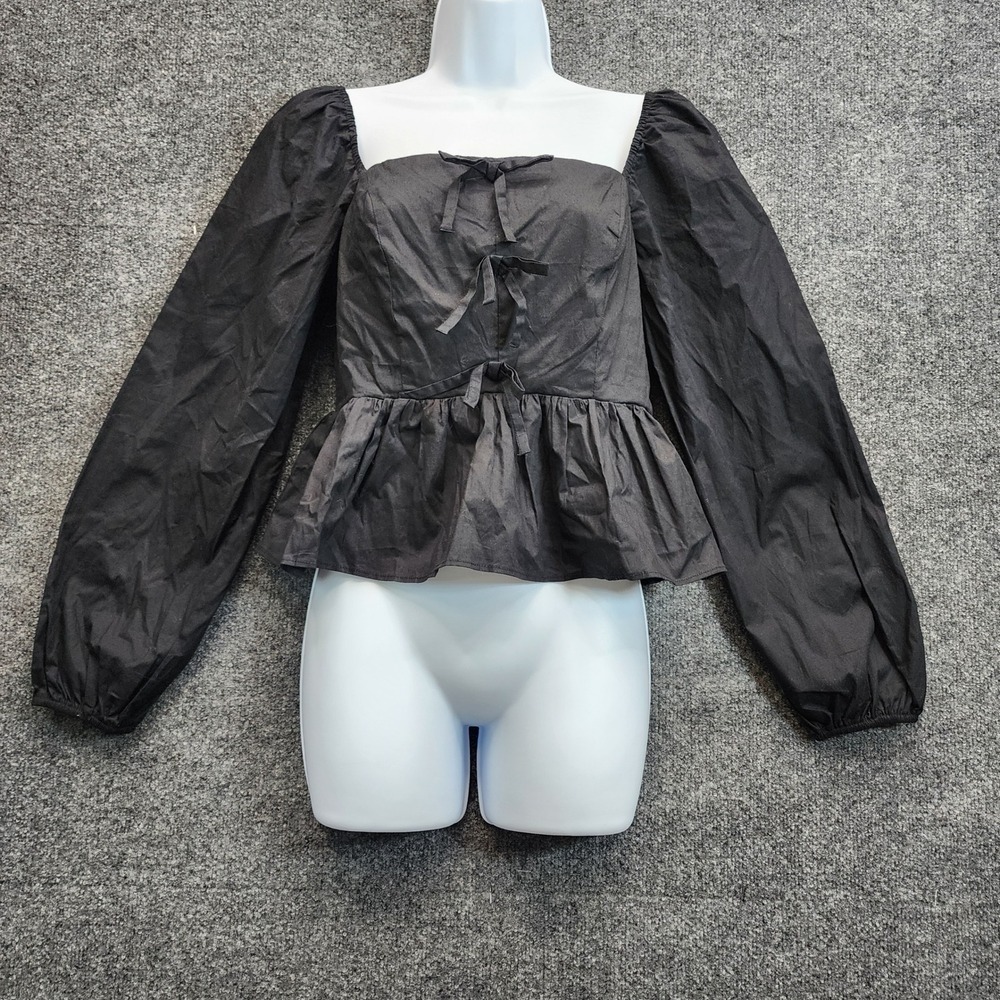 NWT Francesca's Amber Women Bow Front Coquette Romantic Peplum Puff Sleeve Top M